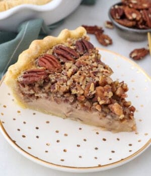 A slice of pie on a plate with a small dish of whole pecans in the background