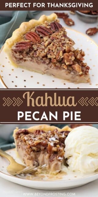 A collage of two images of pecan pie slices with one on a plate alongside vanilla ice cream