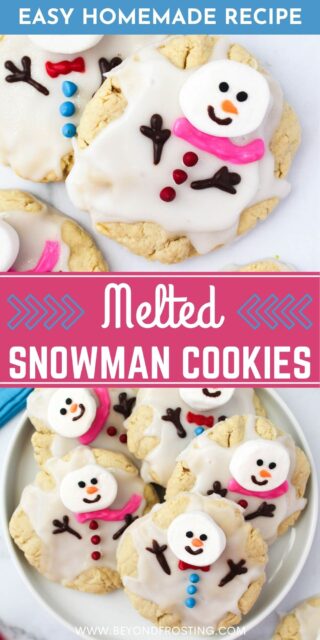 two pictures of melted snowman cookies titled "Easy Homemade Recipe. Melted Snowman Cookies"