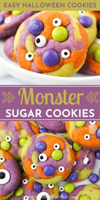 Two images of tye dye monster sugar cookies with text overlay