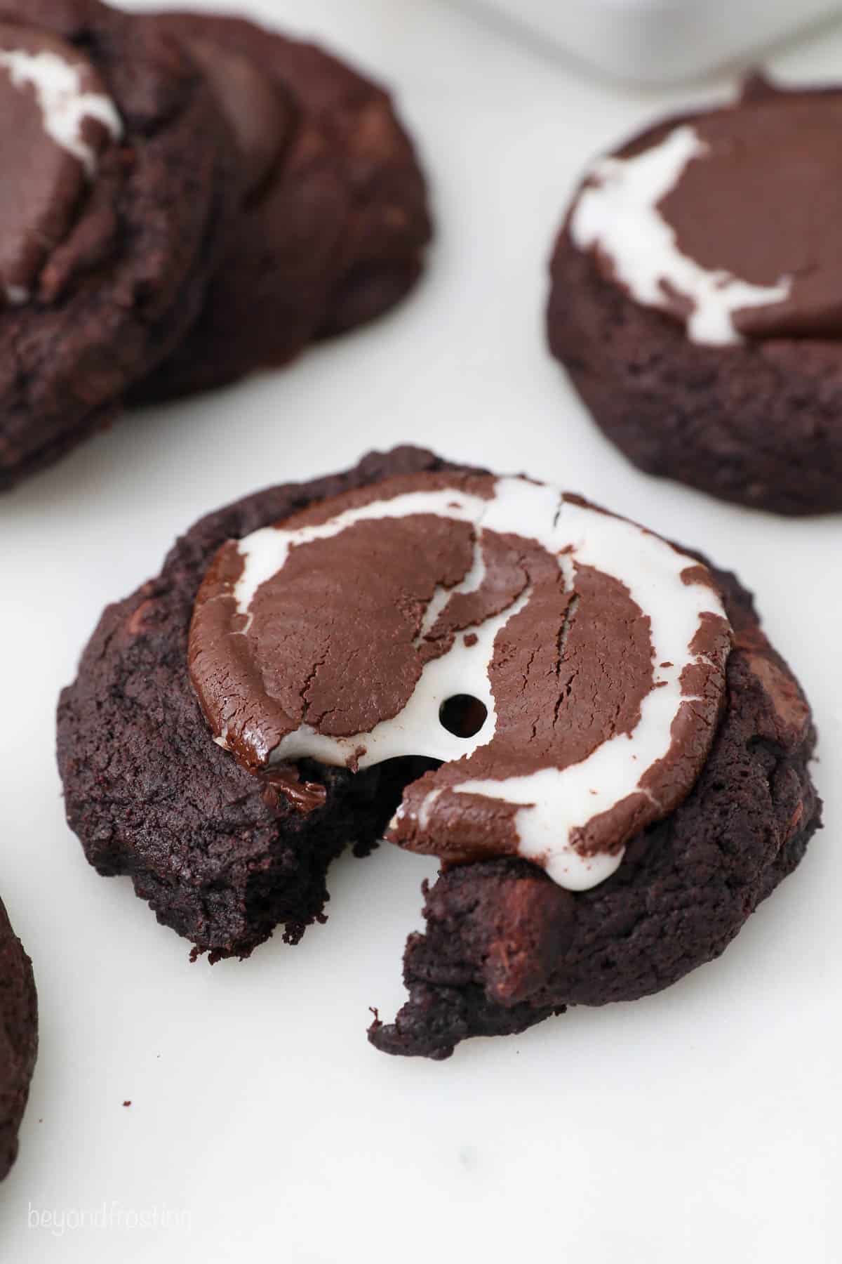 overhead shot of a peppermint patty cookie split down the middle