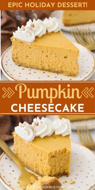 two pictures of pumpkin cheesecake on a gold polka dot plate with a text overlay