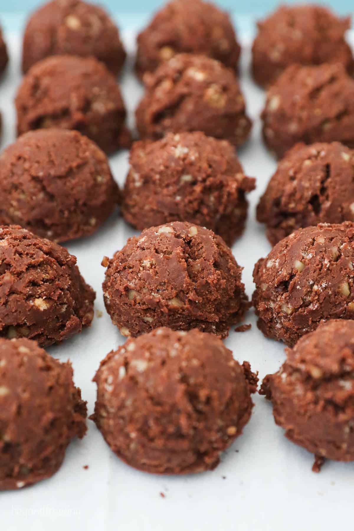 Chilled and shaped rum balls lined up on a piece of parchment paper