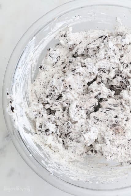 homemade Oreo whipped cream in a mixing bowl