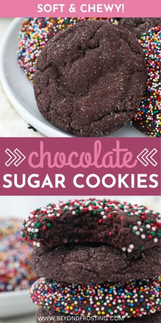 A collage of two images of chocolate sugar cookies with some covered in sprinkles and others covered in sugar