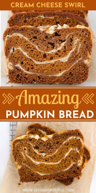 Two photos of sliced pumpkin bread with text overlay