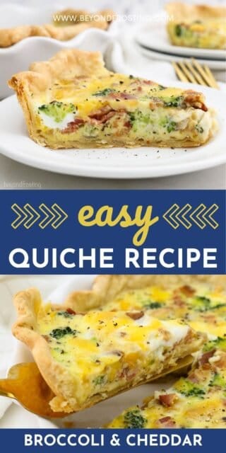 Two photos of quiche with a text overlay in the middle