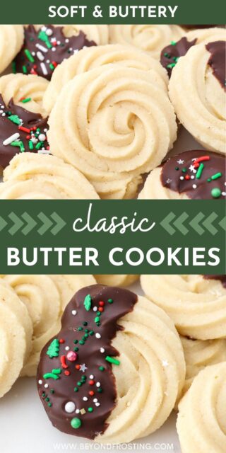 Two images of piped butter cookies, some dipped in chocolate. Green and white text overlay