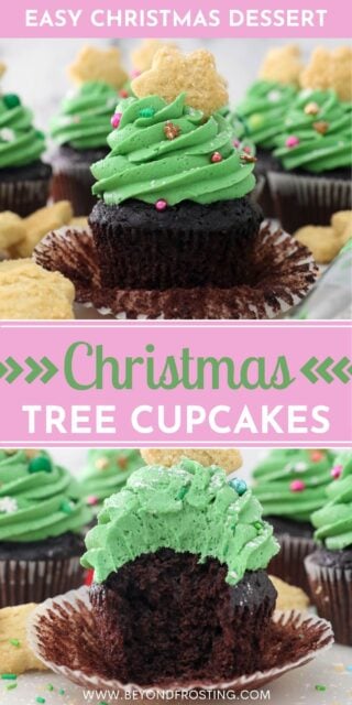 Two photos of chocolate cupcakes with green frosting decorated like Christmas Trees. Pink and green text overylay