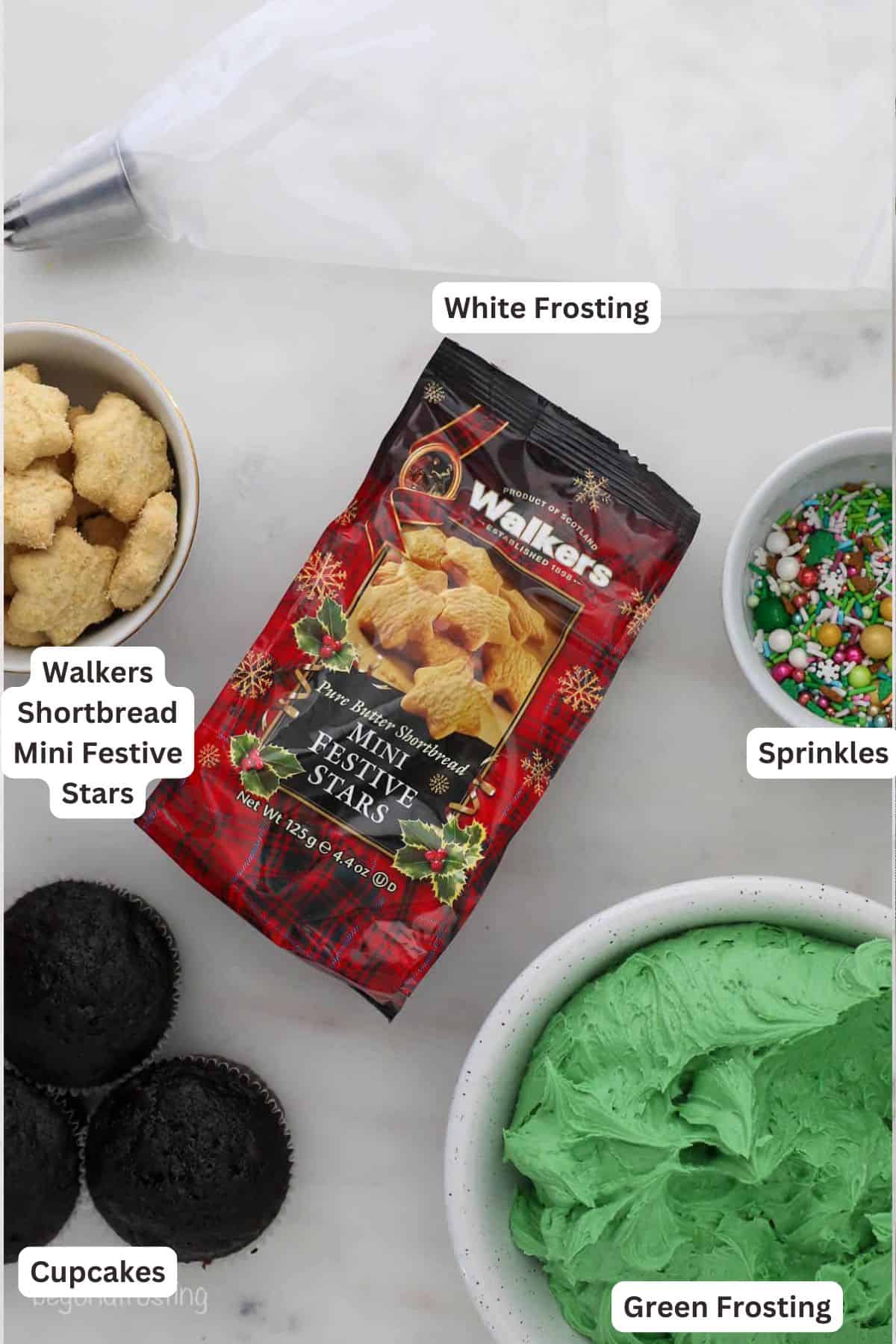 Ingredients for Easy Christmas Tree Cupcakes.
