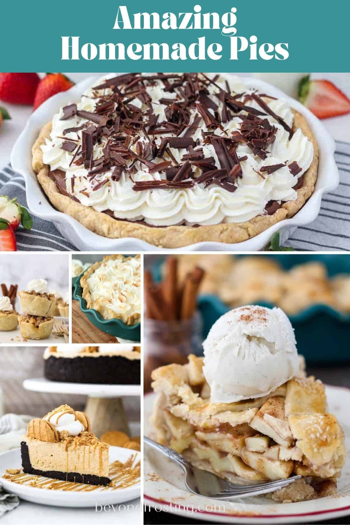 A collage image of pies with a text overlay