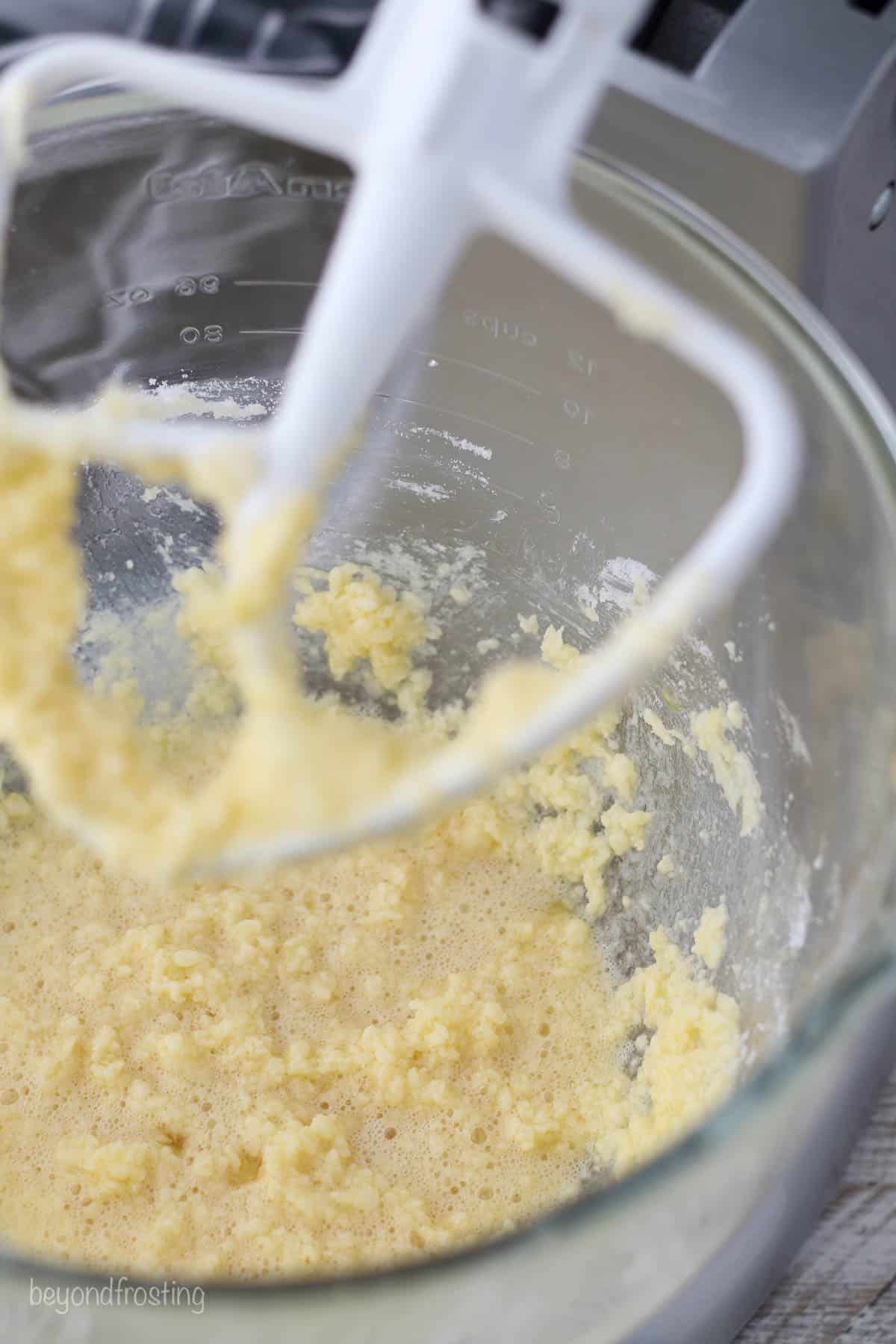 creamed butter, sugar and eggs in a glass mixing bowl