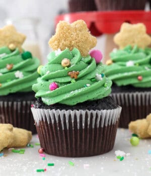 A close up of a chocolate cupcake decorated to look like a Christmas tree