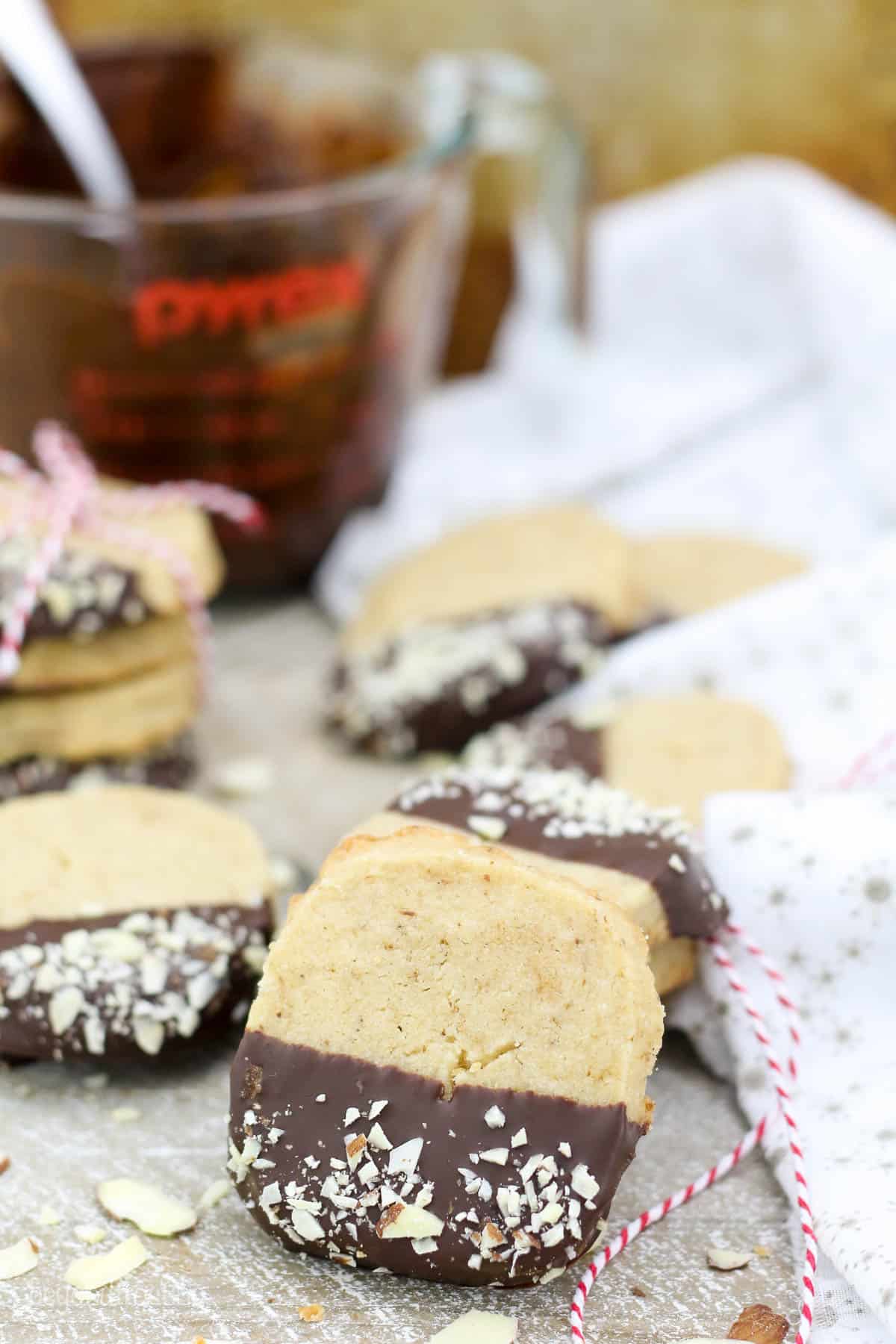 side view of chocolate dipped espresso shortbread cookies