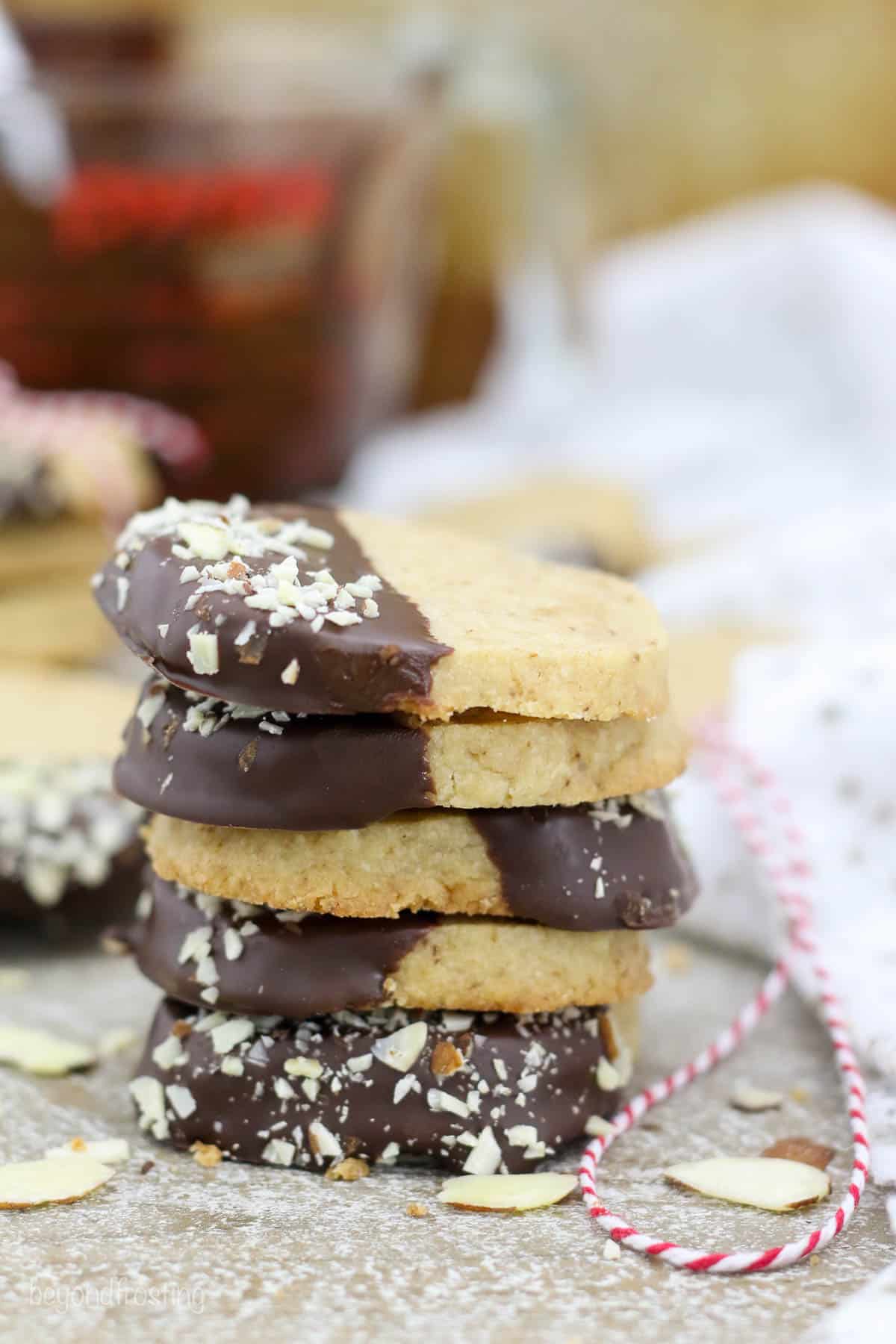 five espresso shortbread cookies stacked