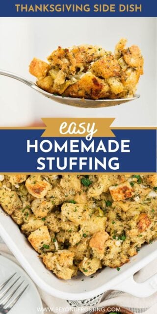 Two pictures of homemade stuffing with a text overlay