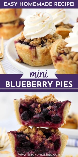 Two photos of mini blueberry pies with text overlay