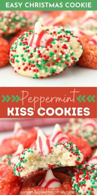 two pictures of peppermint cookies titled "Easy Christmas Cookie. Peppermint Kiss Cookies"