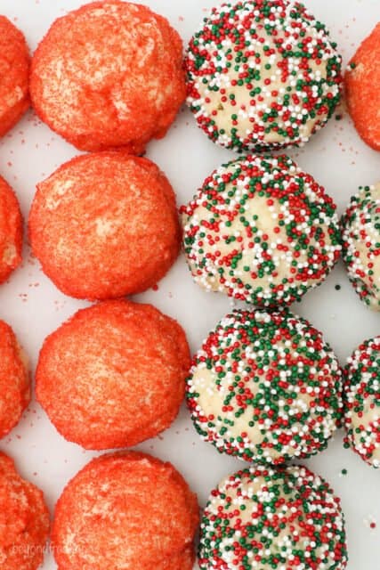 sugar cookie dough balls coated in festive sprinkles from above
