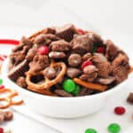 reindeer chow snack mix in a white bowl