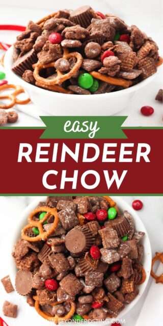 two images of reindeer chow in a white bowl with text overlay