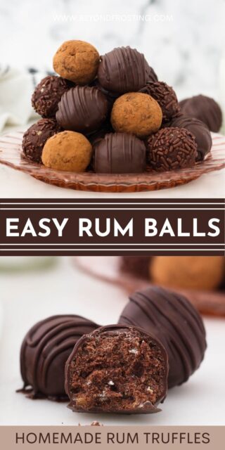 Two images of Rum Ball Truffles covered with chocolate and a text overlay