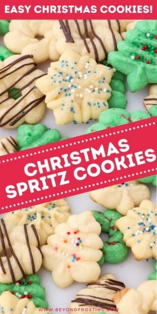 An assortment of Christmas spritz cookies with various decorations on a plain white surface