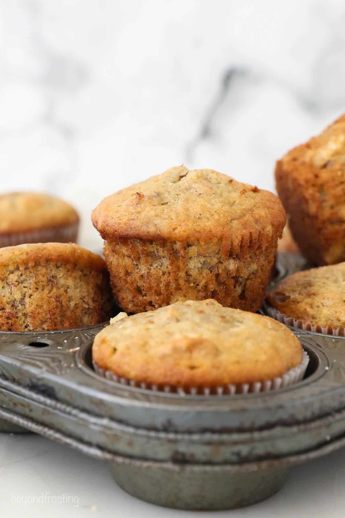 Banana nut muffins on top of two stacked muffin pans on a countertop