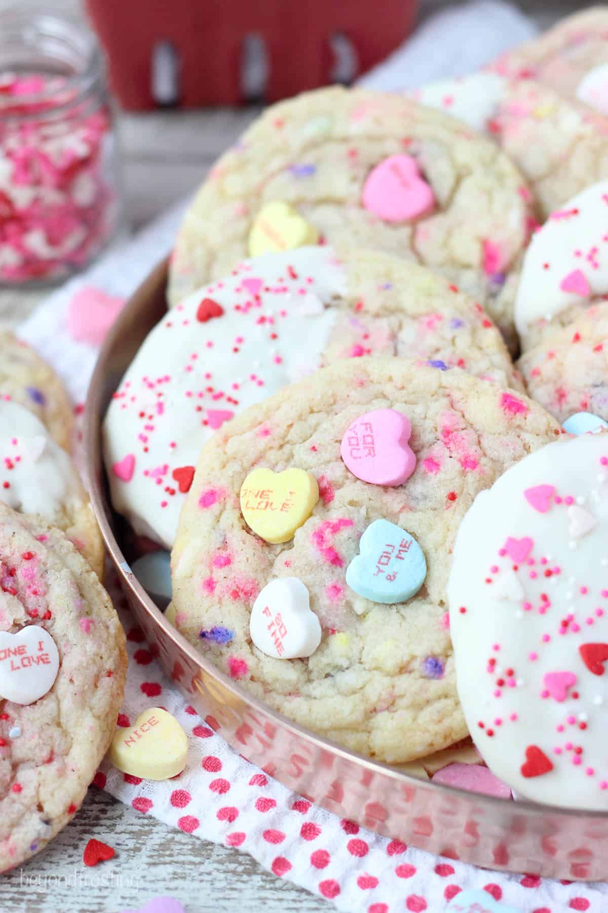 conversation heart cookies in a serving dish
