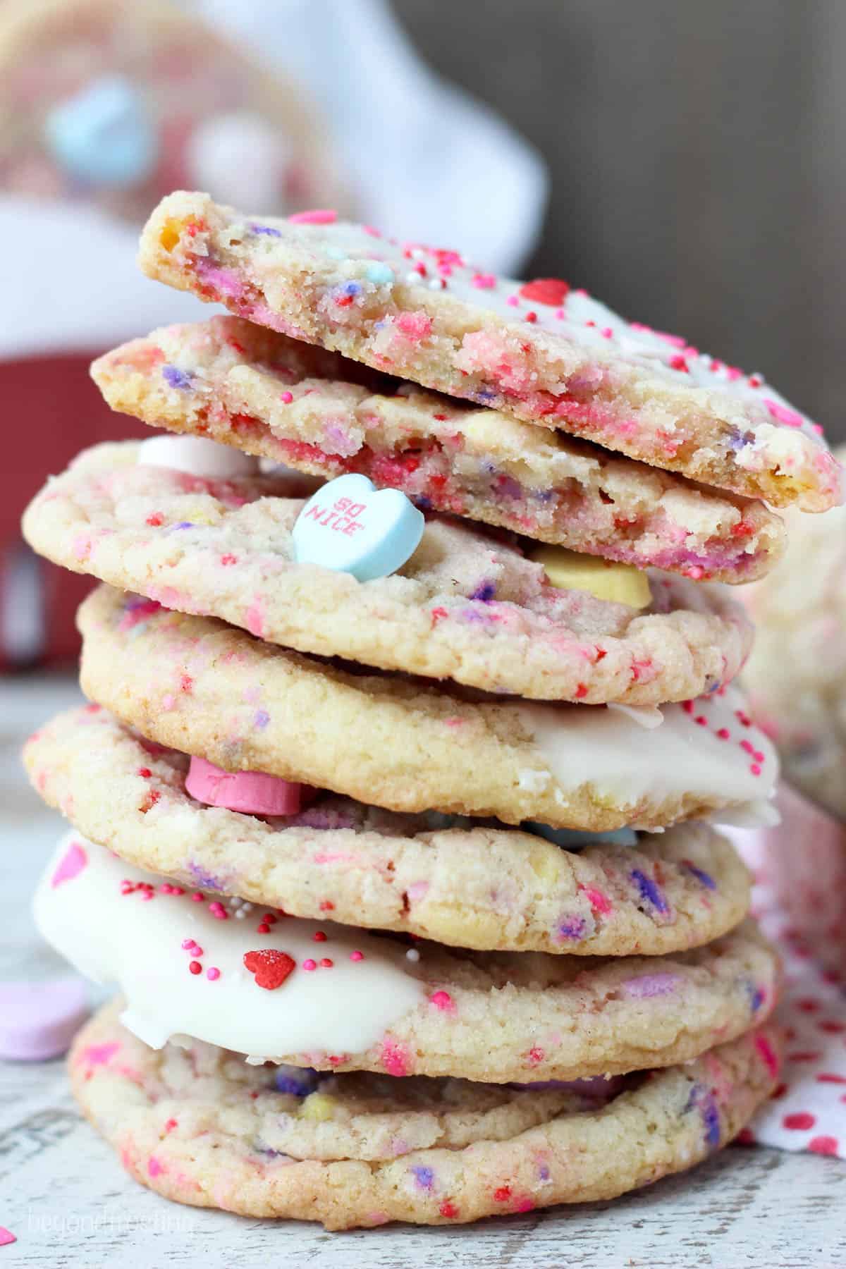 closeup of a stack of valentine's day sugar cookies
