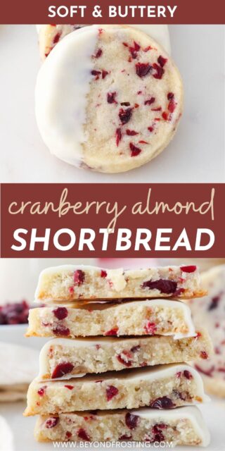 Two images of cranberry almond shortbread cookies with a red and white text overlay