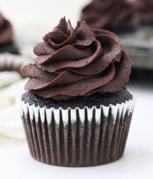A close up of a chocolate cupcake decorated with chocolate frosting