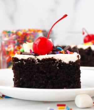 closeup of a slice of hot fudge sundae cake with toppings on a white plate