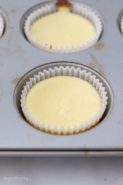 A cupcake pan showing the baked mini cheesecake