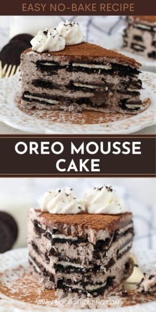 Two images of Oreo mousse cake with a text overlay