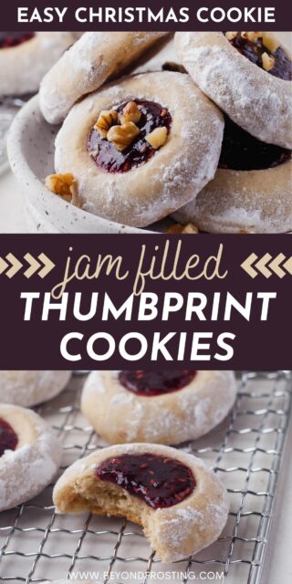 Two photos of jam filled thumbprint cookies with a text overlay