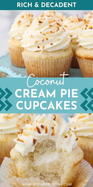 two pictures of coconut cream pie cupcakes titled "Rich & Decadent Coconut Cream Pie Cupcakes"