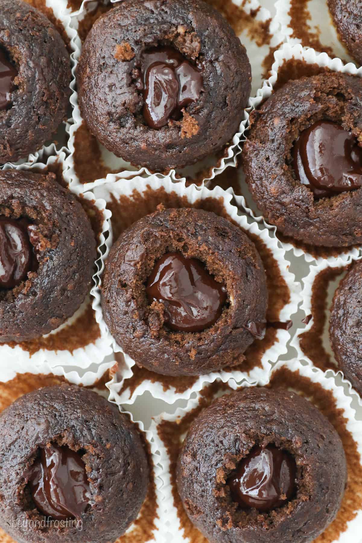 overhead shot of gluten-free cupcakes filled with chocolate ganache