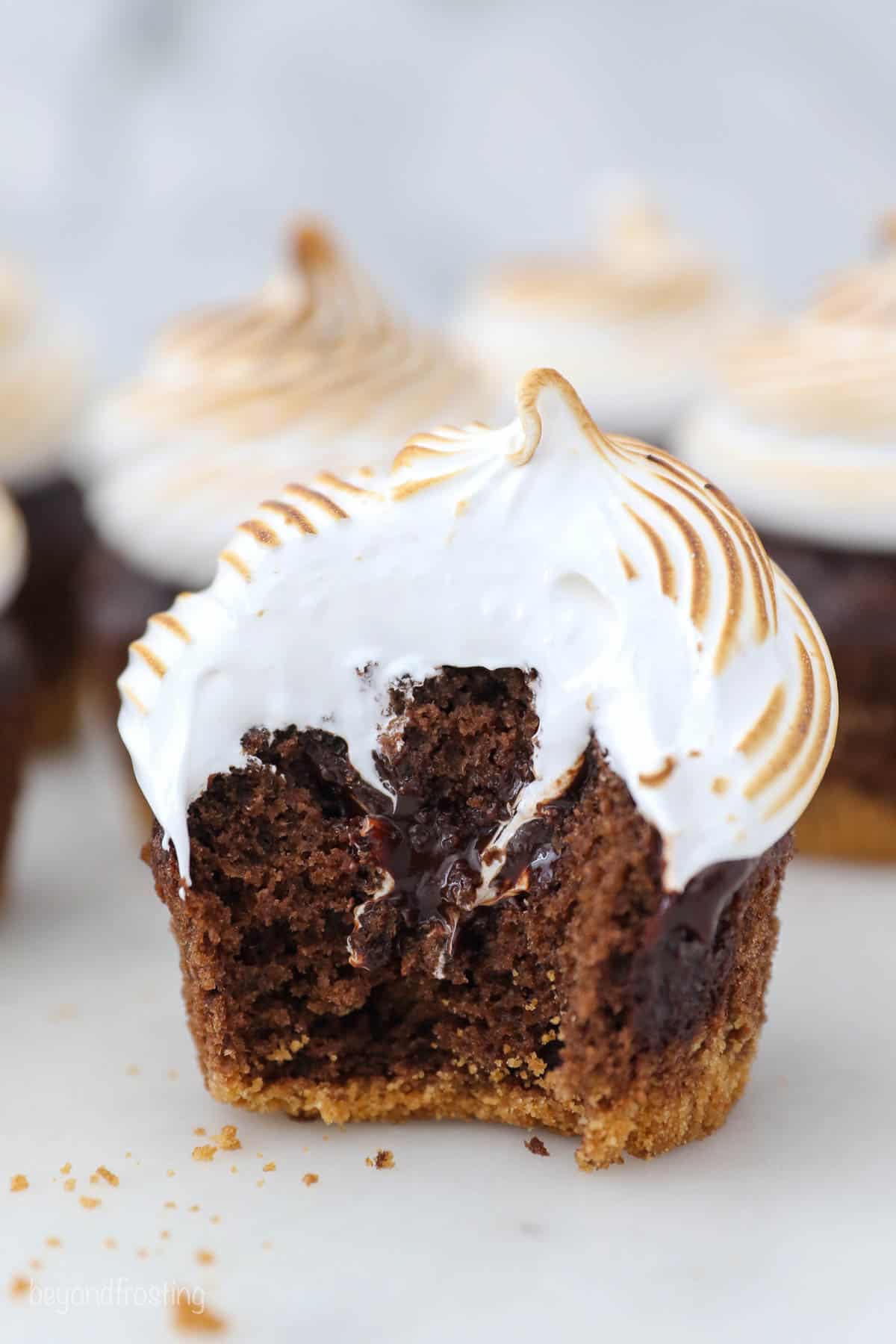 gluten-free s'mores cupcake with a bite taken out