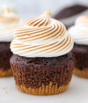 closeup of a frosted s'mores cupcake
