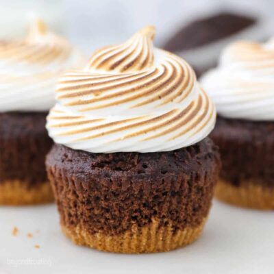 closeup of a frosted s'mores cupcake