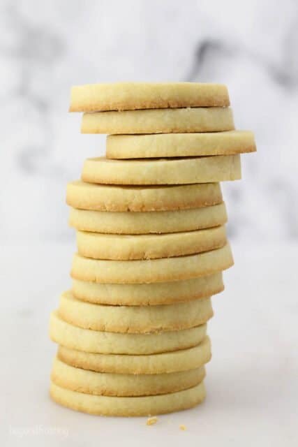 A tall stack of baked shortbread cookies