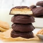 4 stacked Tagalong cookies, the top one has a bite out of it