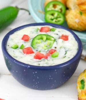 closeup of a blue bowl filled with jalapeño cheddar cheese dip