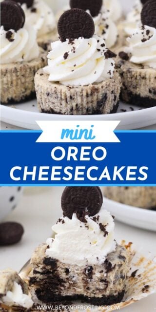 two images of mini Oreo cheesecakes with a blue and white text overlay