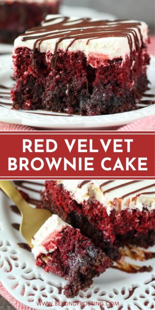 Two images of sliced red velvet brownie cake on a white plate with a text overlay
