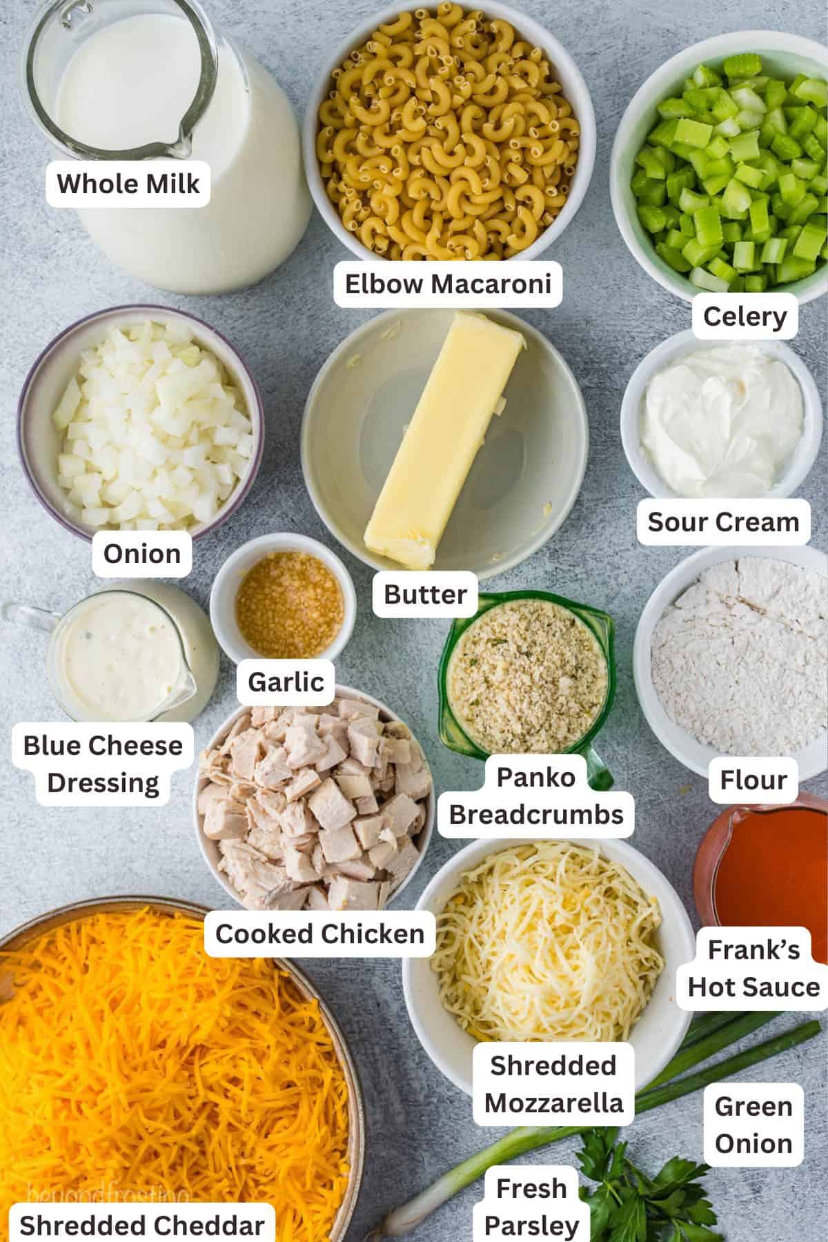 Ingredients for Buffalo Chicken Mac and Cheese.