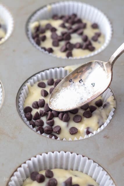 Chocolate chips sprinkled on top of muffin batter in a pan