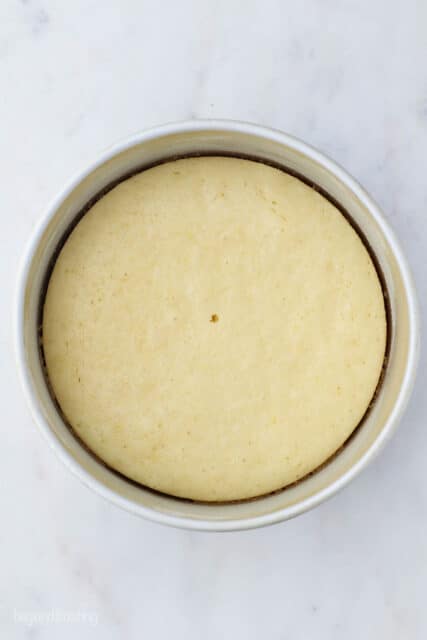 Lemon cake in a round baking pan