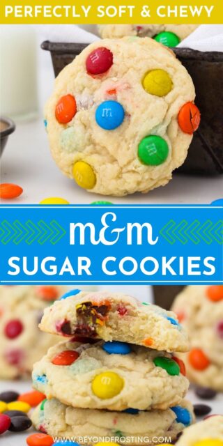 two pictures of M&M cookies titled "Perfectly Soft and Chewy M&M Sugar Cookies"